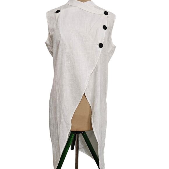 Other - Sleeveless White Swim Coverup Tunic Dress Black Button Accents Crossover Neck